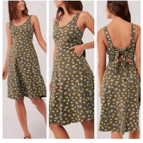 PACT Floral Dress Fit and Flare Sleeveless Tie Back Pockets Olive Green Sz L NEW - Picture 13 of 14